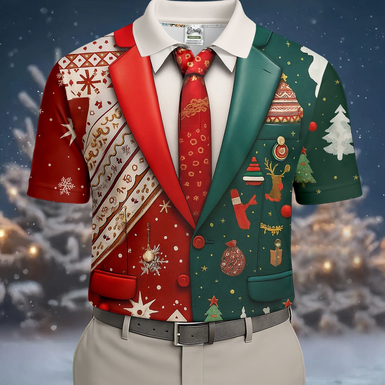 Red And Green Xmas Vintage Prints Men's Golf Polo Shirts, Christmas Golf Shirt, Golf Gift For Men
