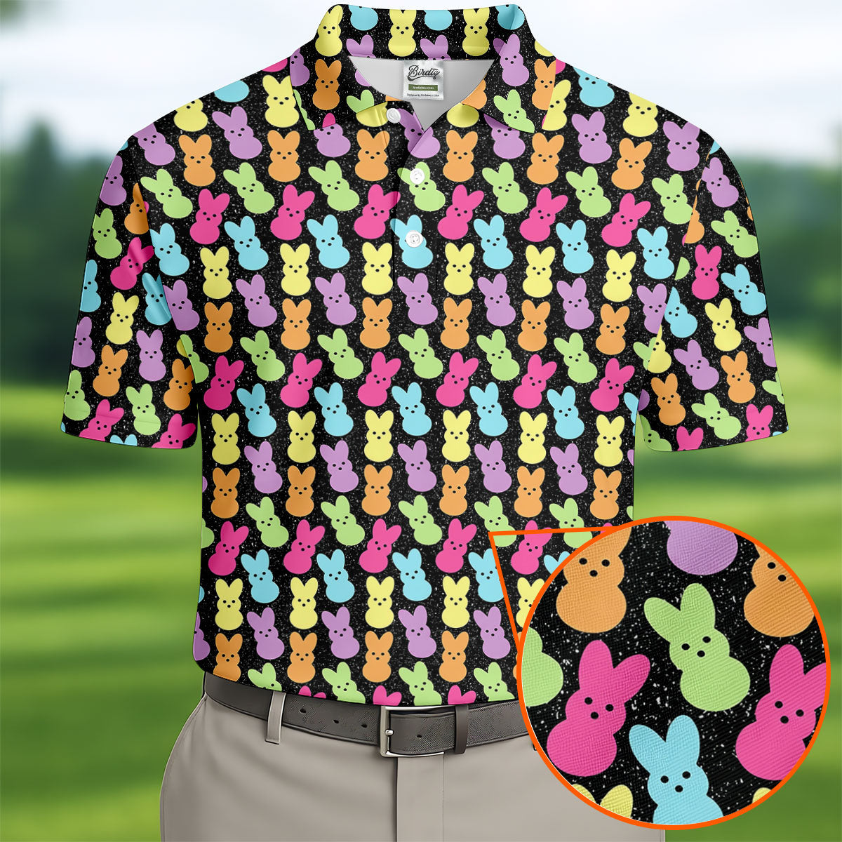 Colorful Easter Peeps Black Golf Shirt, Golf Shirts For Men, Cute Golf Outfit, Polo Shirts For Men