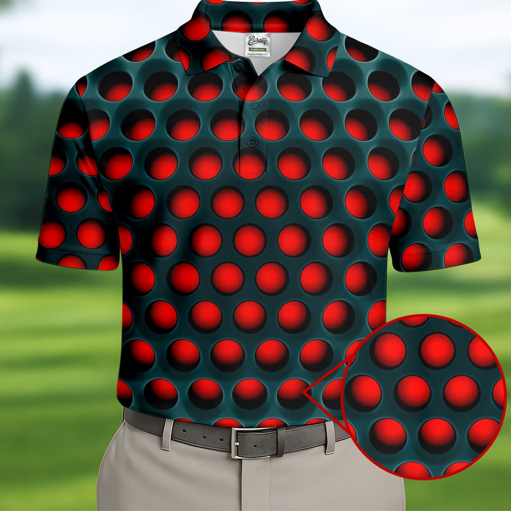 3D Effect Circular Pattern Red Golf Shirt, Cool Golf Outfit, Men's Funny Golf Shirts, Polo Shirts For Men