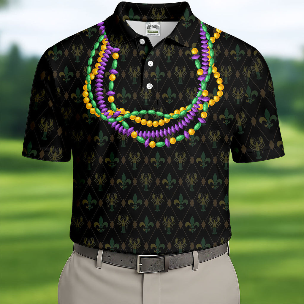 Mardi Gras Beads Chain Crawfish Fleur De Lis Black Golf Shirt, Polo Shirts For Men, Golf Shirts For Men