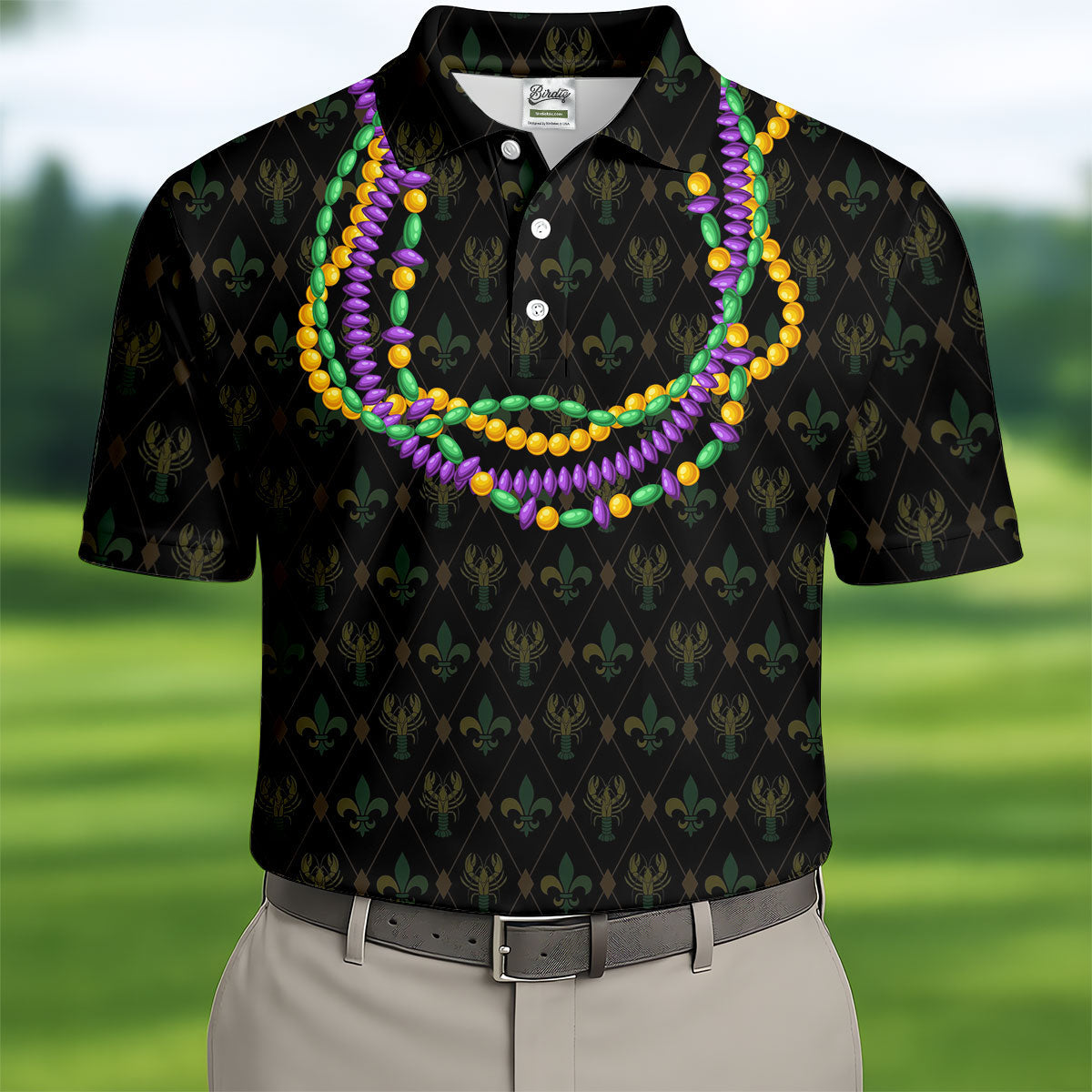 Mardi Gras Beads Chain Crawfish Fleur De Lis Black Golf Shirt, Polo Shirts For Men, Golf Shirts For Men