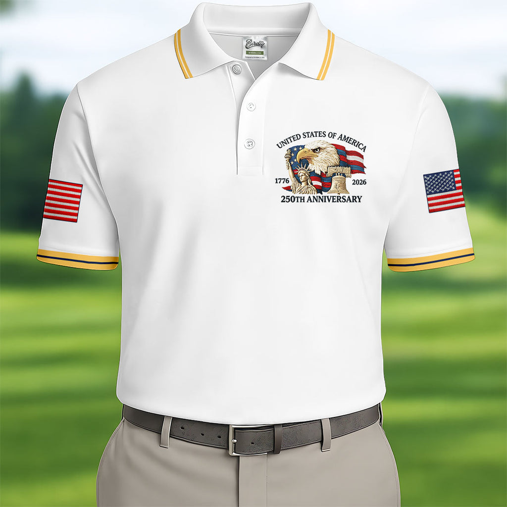 Bald Eagle American Flag 250 Years White Golf Shirt, Patriotic 4th Of July Golf Shirts For Men