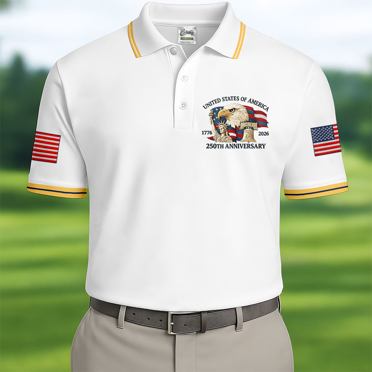 Bald Eagle American Flag 250 Years White Golf Shirt, Patriotic 4th Of July Golf Shirts For Men