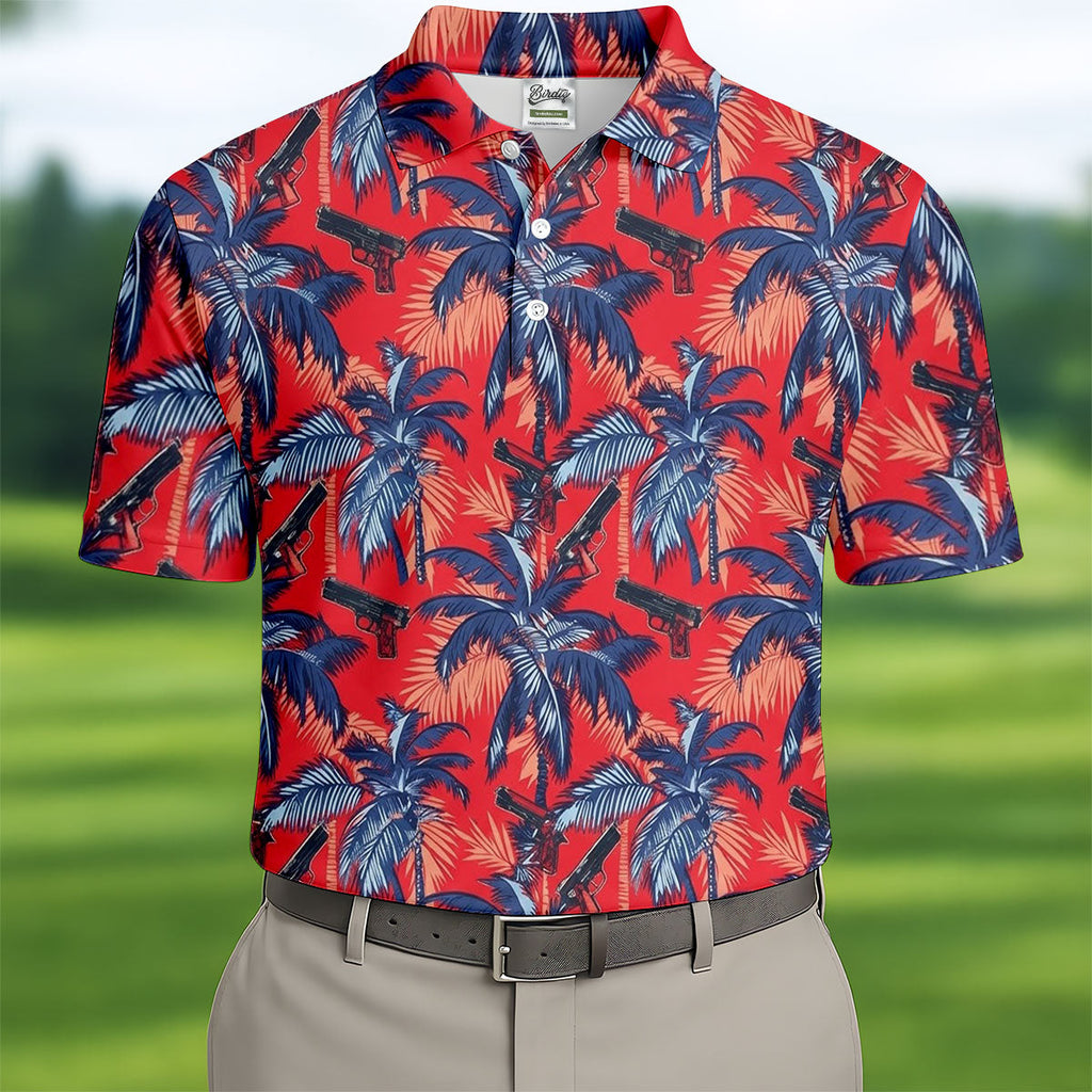 Hawaiian Palm Tree Military Theme Red Golf Shirt, Golf Shirts For Men, Polo Shirts For Men
