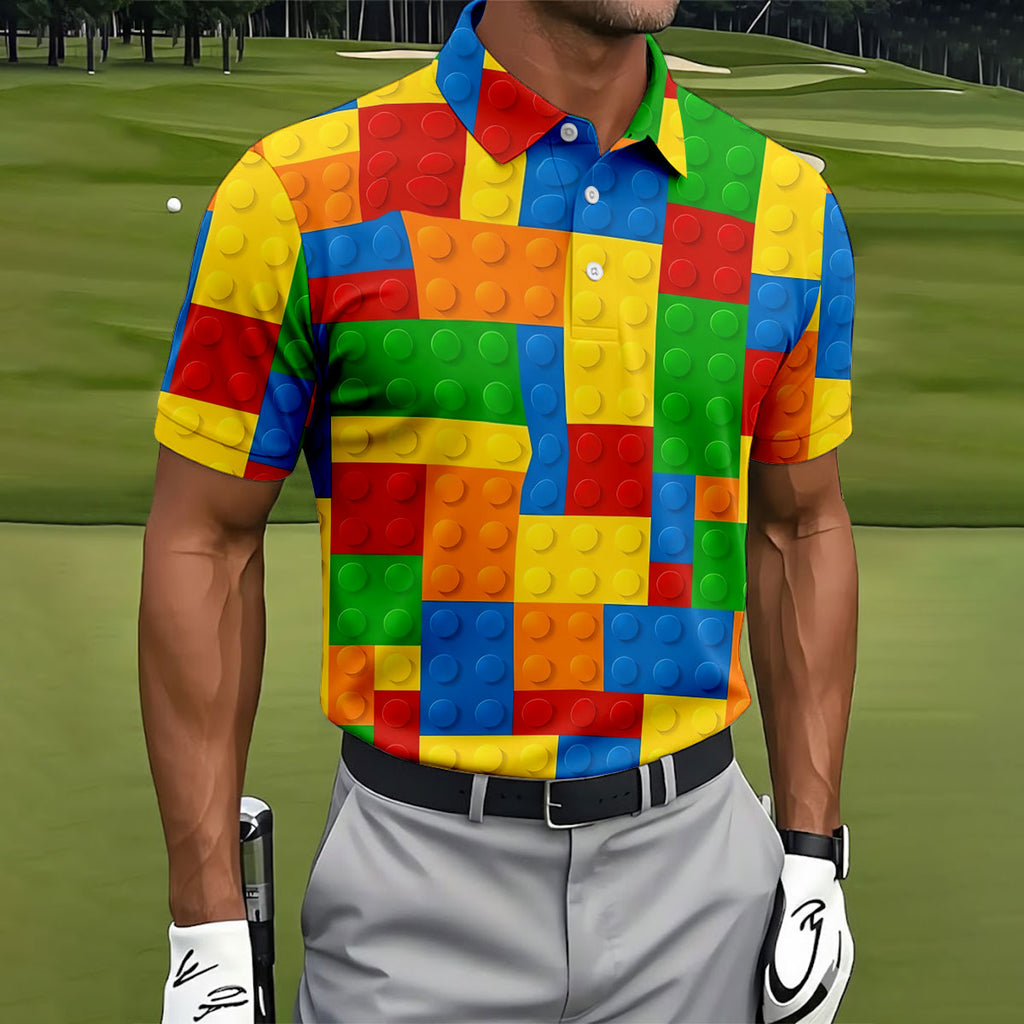 Lego Pattern Colorful Golf Shirt, Golf Tops For Men, Polo ShirtFor Men, Golf Shirts For Men