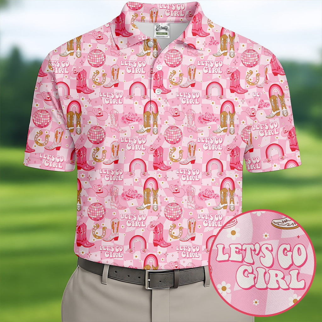 Let's Go Girl Pink Checkered Western Cowgirl Golf Tops For Men, Polo Shirts For Men, Golf Shirts For Men