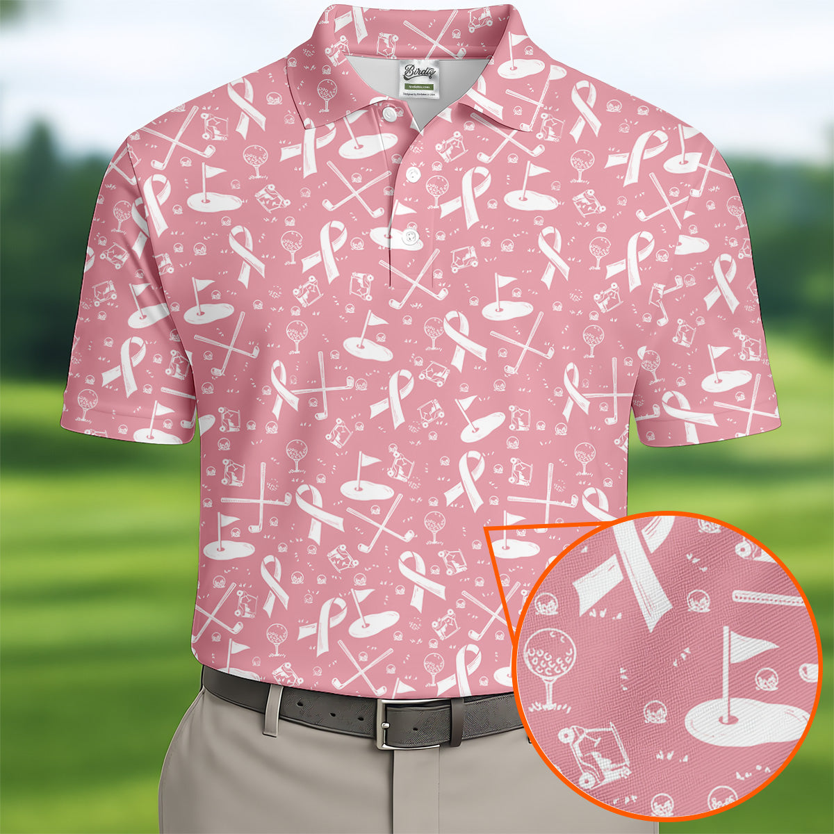 Awareness Ribbon Light Pink And White Golf Shirt, Cancer Awareness Shirt, Polo Shirts For Men