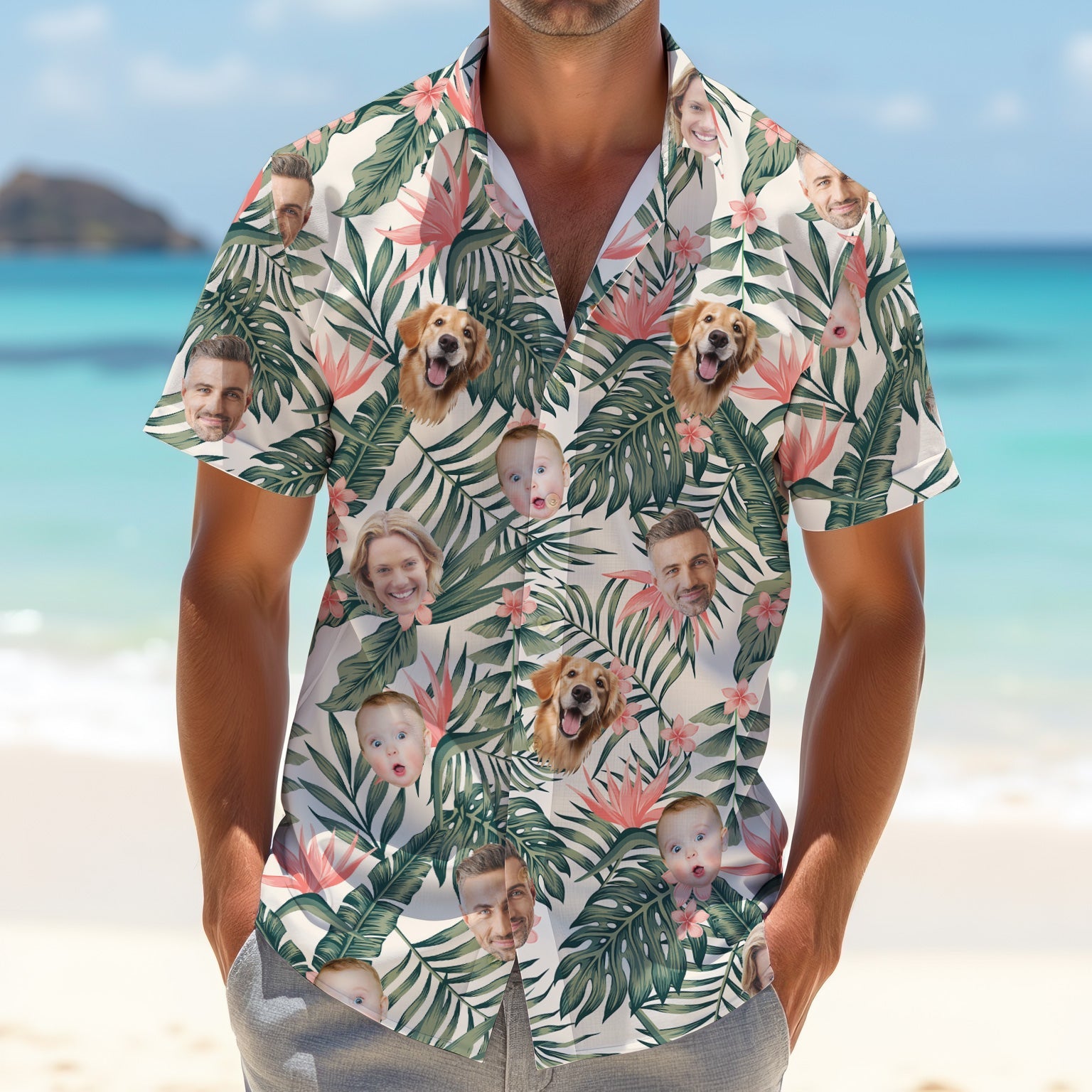 Tropical Floral Pattern Custom Hawaiian Shirts With Face, Men Polo ShirtLong Sleeve Golf Shirts