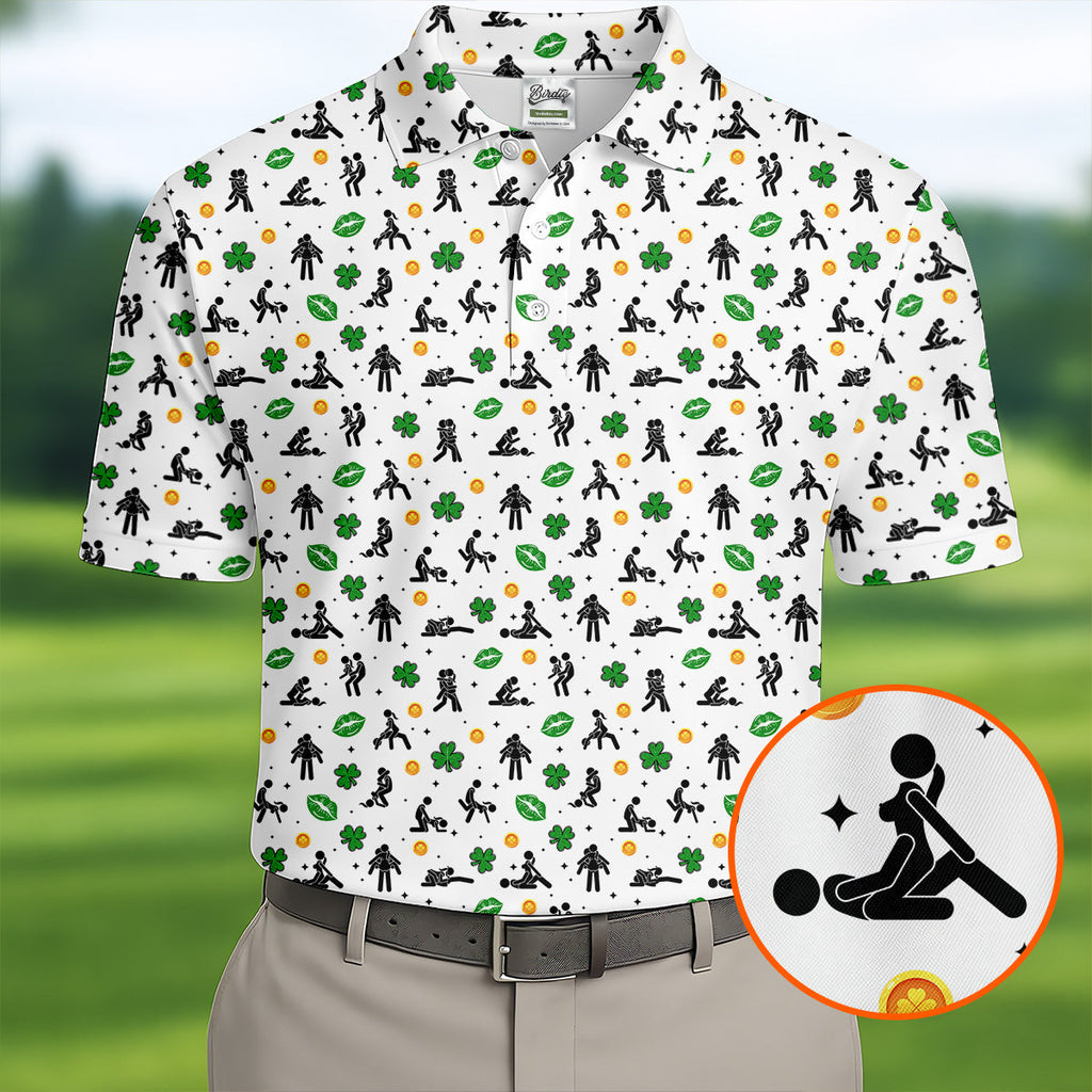 Funny Stick Figure Naughty Position Shamrock St Patrick's Day Golf Shirt, Performance Golf Shirt, Polo Shirts For Men