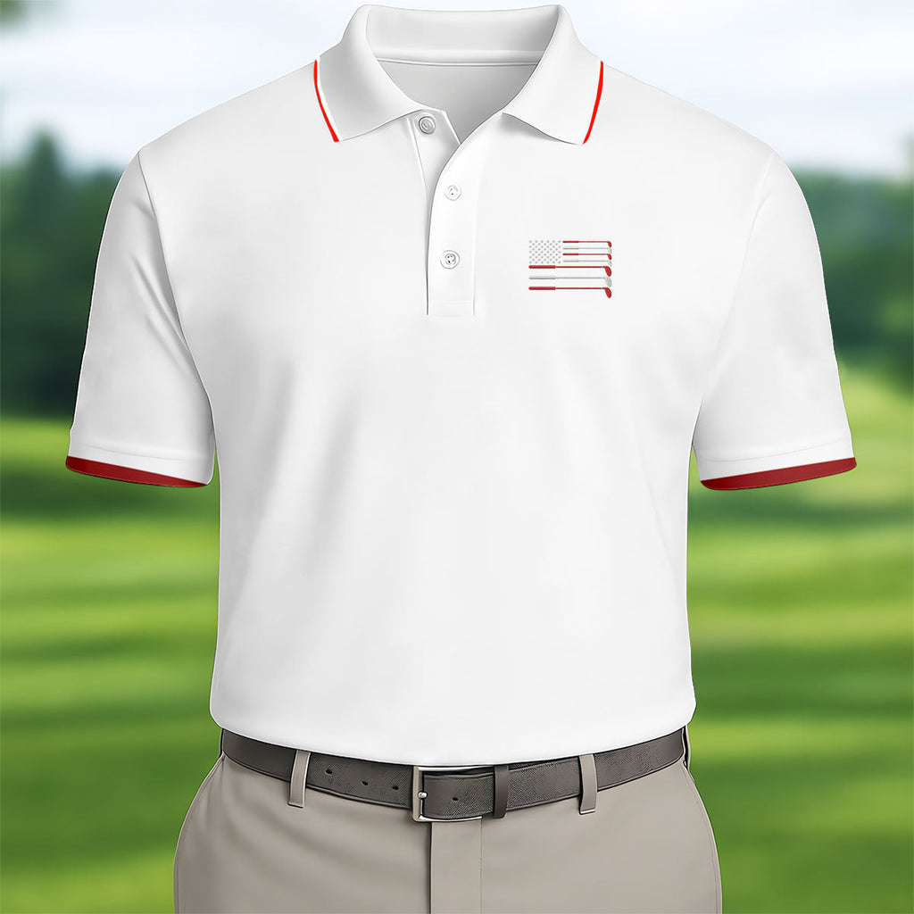 Golf Clubs US Flag Logo 250 Years White Golf Shirt, Patriotic 4th Of July Golf Shirts For Men
