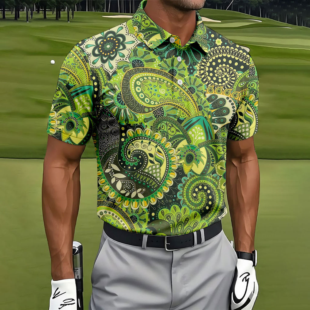Paisley Print Green Golf Shirt, Golf Tops For Men, Polo Shirts For Men, Golf Shirts For Men