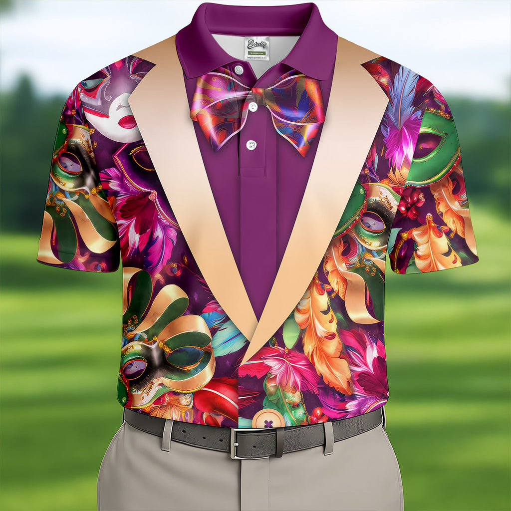 Colorful Mardi Gras Suit Print Men's Funny Golf Shirts, Polo Shirts For Men, Golf Shirts For Men