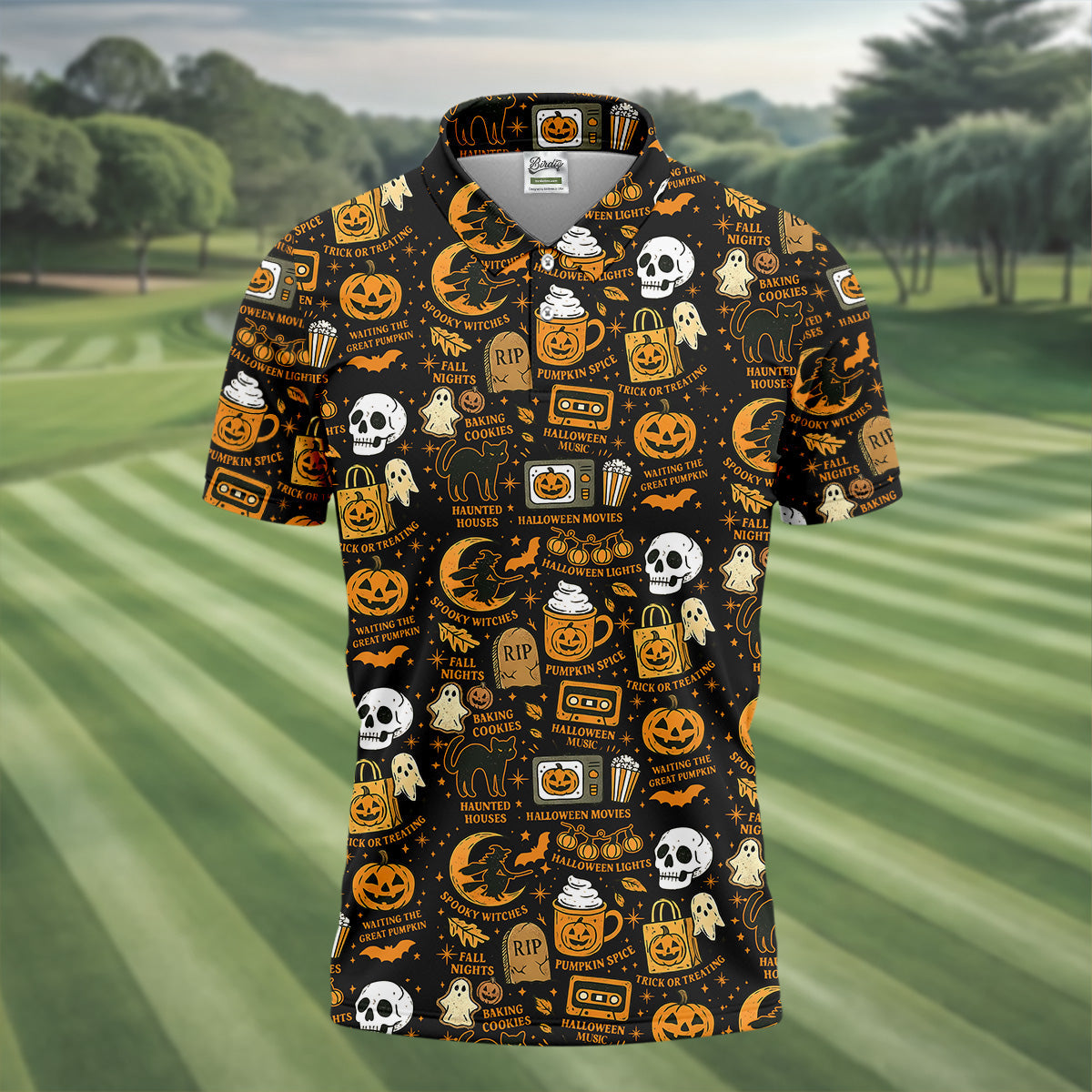 Vintage Halloween Cat Golf Polo Shirts, Halloween Theme Shirts, Ghost Pumpkin Mens Golf Polo Shirts, Golfing Apparel
