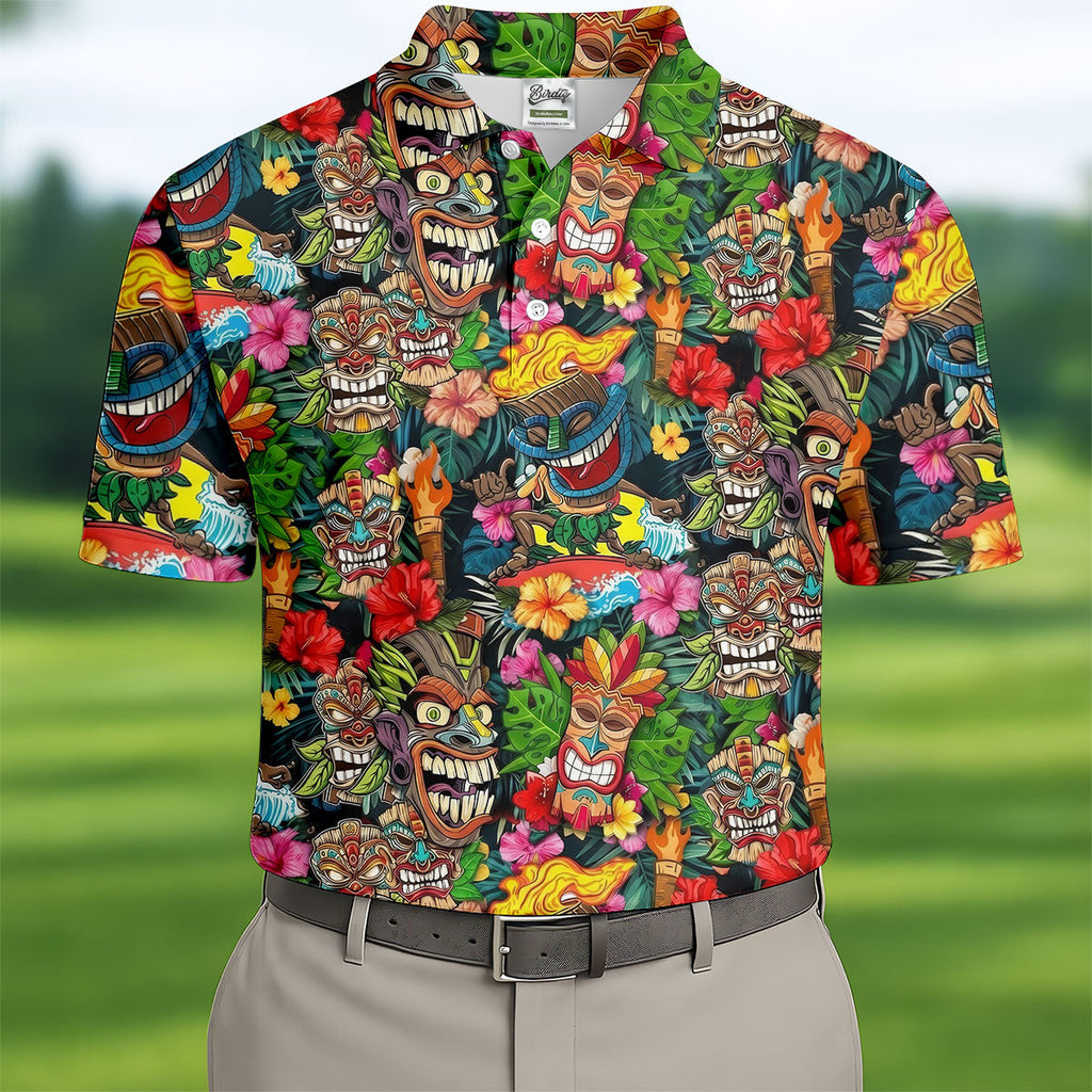 Hawaiian Tiki Tropical Floral Golf Shirts For Men, Polo Shirts For Men, Golfing Apparel