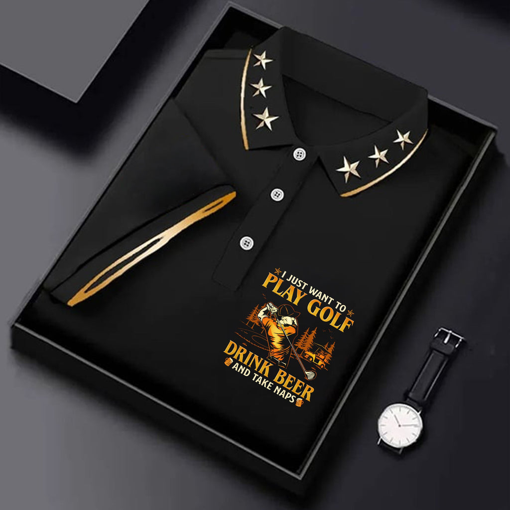 I Just Want To Play Golf Drink Beer And Take Naps Black Golf Shirt, Men's Funny Golf Shirts