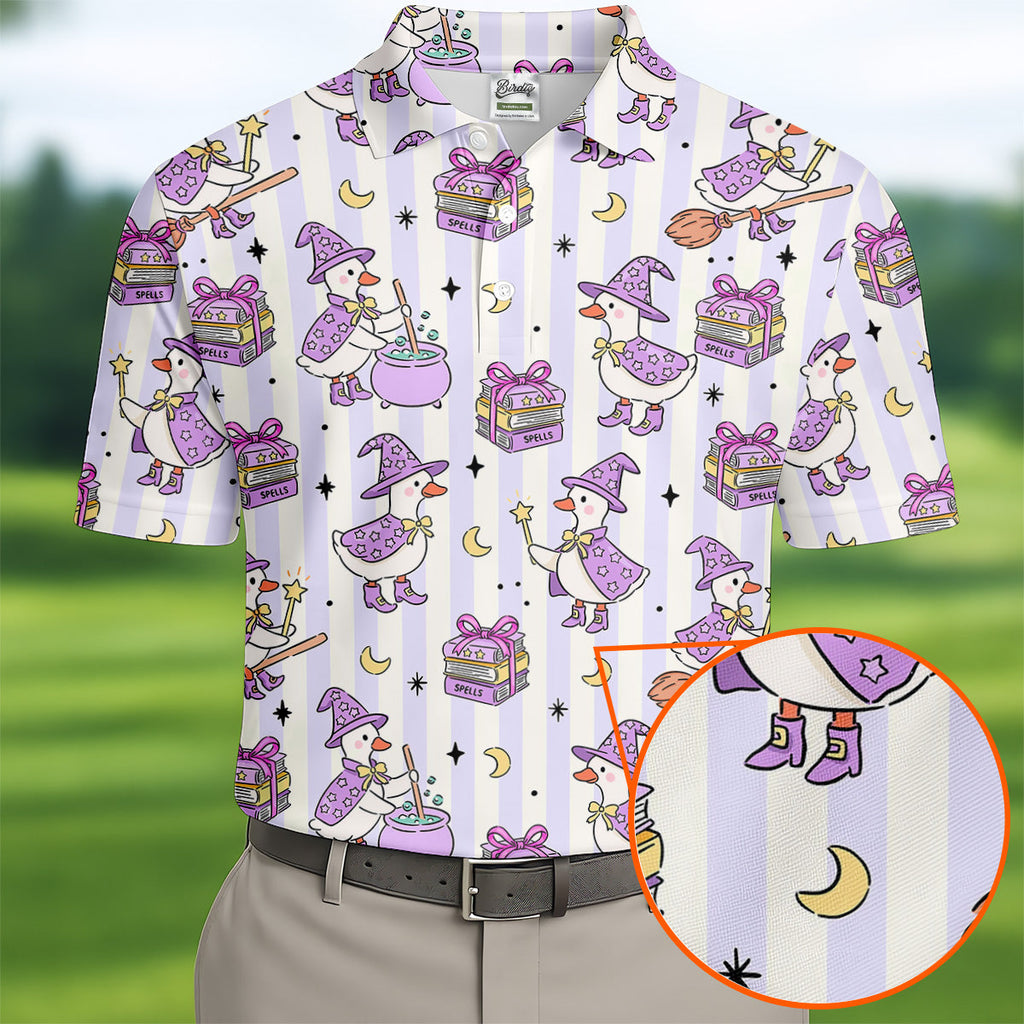Halloween Witch Goose Purple Pastel Fun Golf Shirts For Men, Polo Shirts For Men, Golfing Apparel