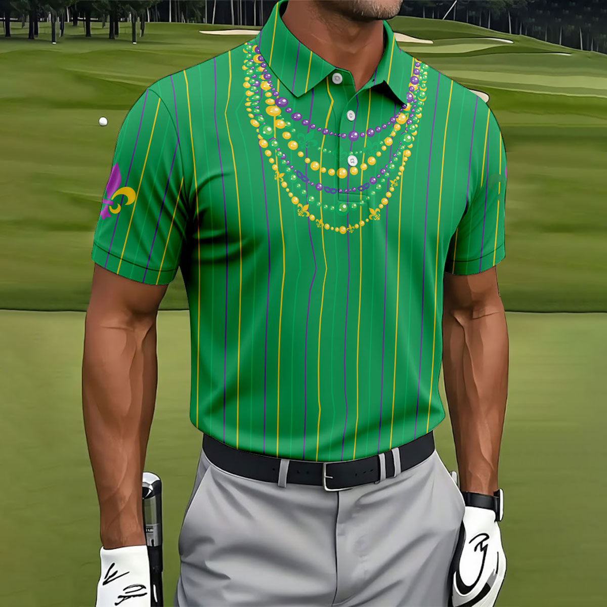 Mardi Gras Beads Necklaces Print Green Golf Shirt, Golf Tops For Men, Polo Shirts For Men, Golf Shirts For Men