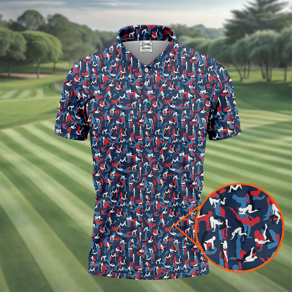 Naughty Position Dirty Humor Red White Blue 250th Anniversary Fun Golf Shirts For Men, Valentines Golf Gift