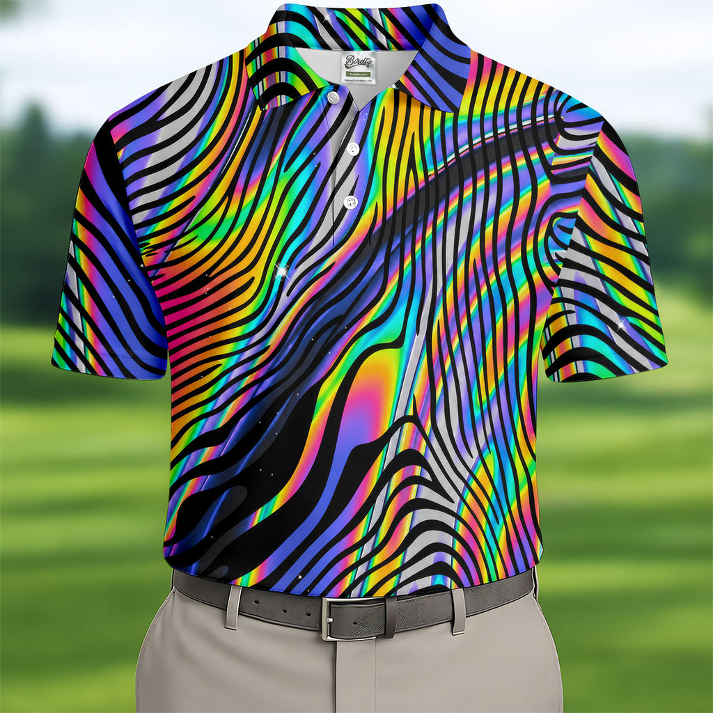 Rainbow Neon LGBT Support Zebra Pattern Golf Tops For Men, Pride Month Golf Shirts For Men
