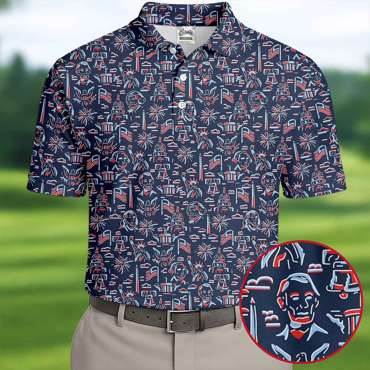 Red White Blue Outlined Patriotic American 250th Anniversary Navy Golf Shirt, 4th Of July Golf Shirts For Men