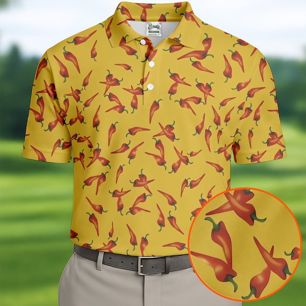 Red Chilli Yellow Hawaiian Golf Shirt, Summer Vibe Golf Shirts For Men, Polo Shirts For Men