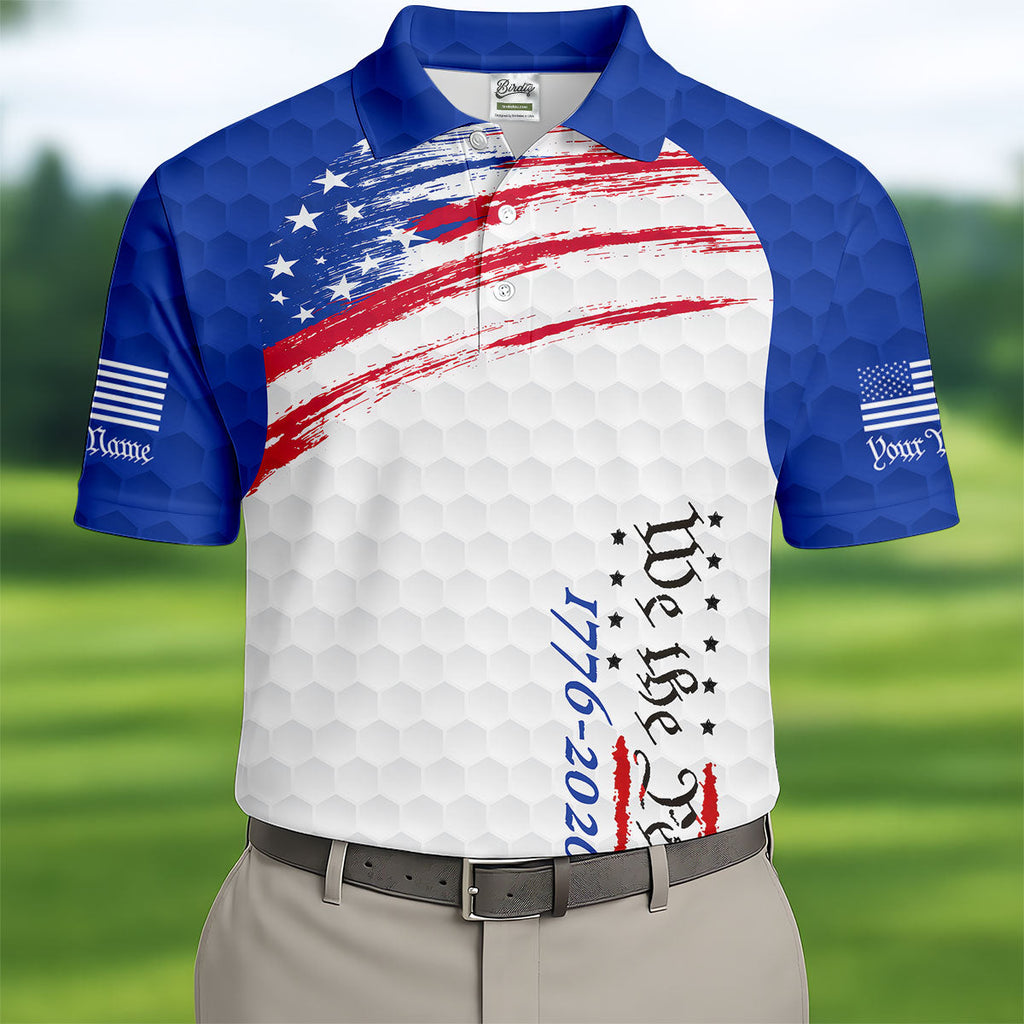 We The People 1776-2926 American Flag Brush Blue Golf Shirt, 250 Years Patriotic 4th Of July Golf Shirts For Men