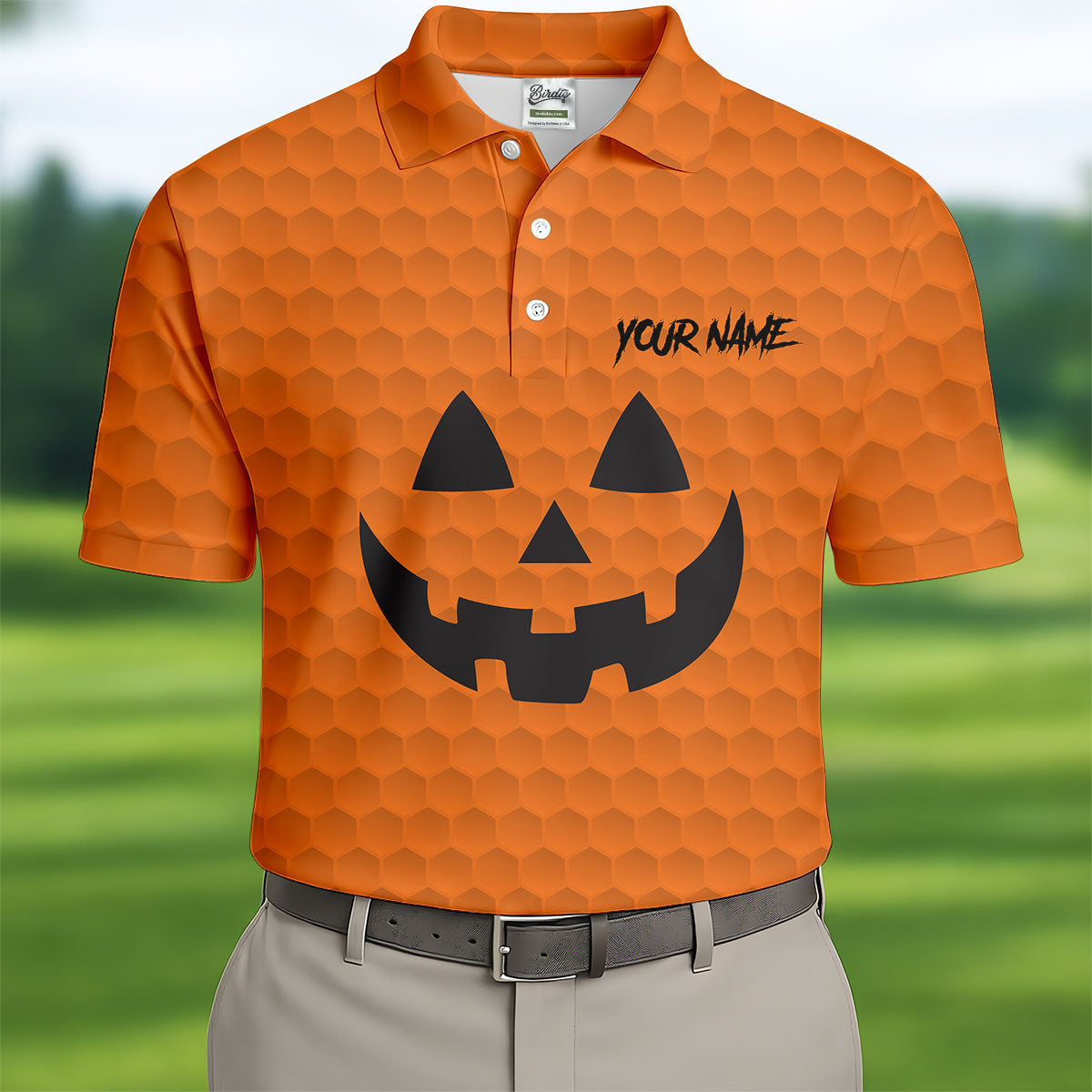 Halloween Pumpkin Face Custom Name Men's Funny Golf Shirts, Polo Shirts For Men, Golf Gift For Men