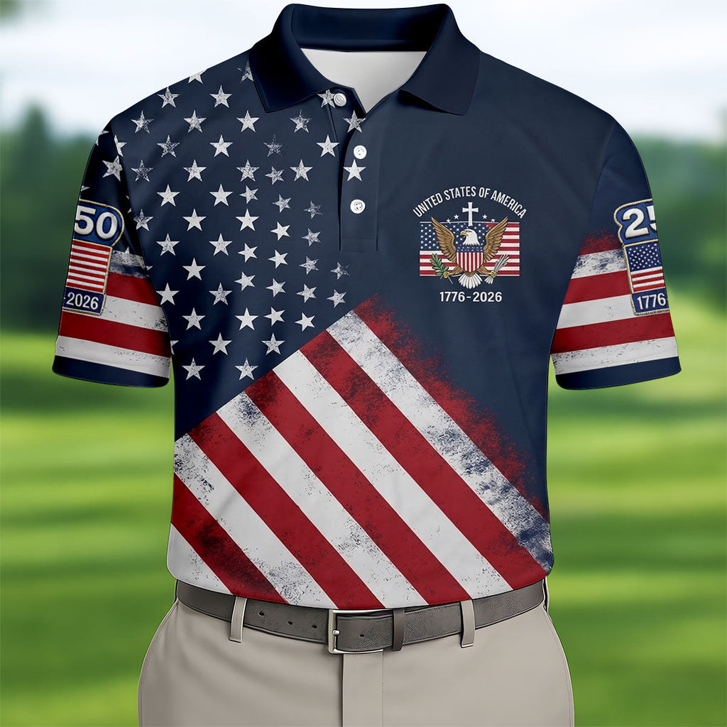 US Bald Eagle Distressed Flag 250 Faith Cross Golf Tops For Men, Patriotic 4th Of July Golf Shirts For Men