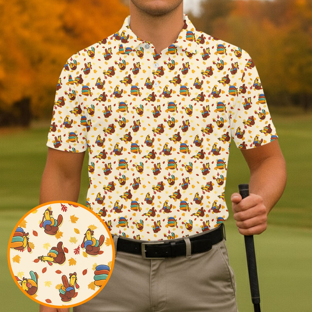 Funny Thanksgiving Pumpkin Autumn Leaf Polo Shirt, Polo Shirts For Men, Cool Golf Gift, Golfing Apparel