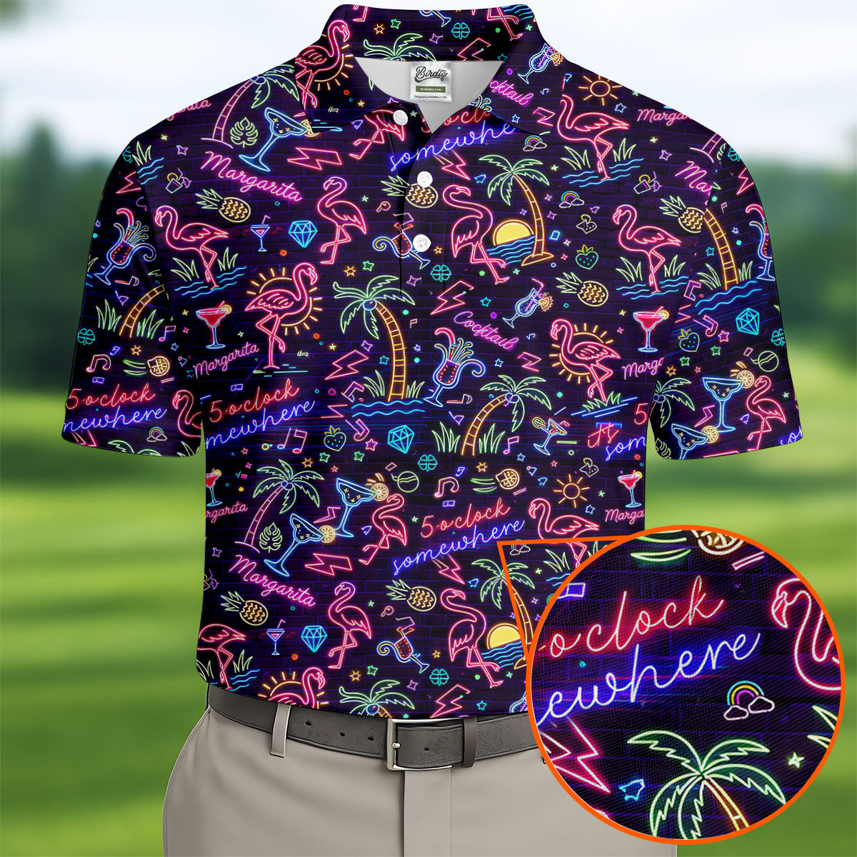 Tropical Theme Neon Pattern Black Golf Shirt, Men's Funny Golf Shirts, Polo Shirts For Men
