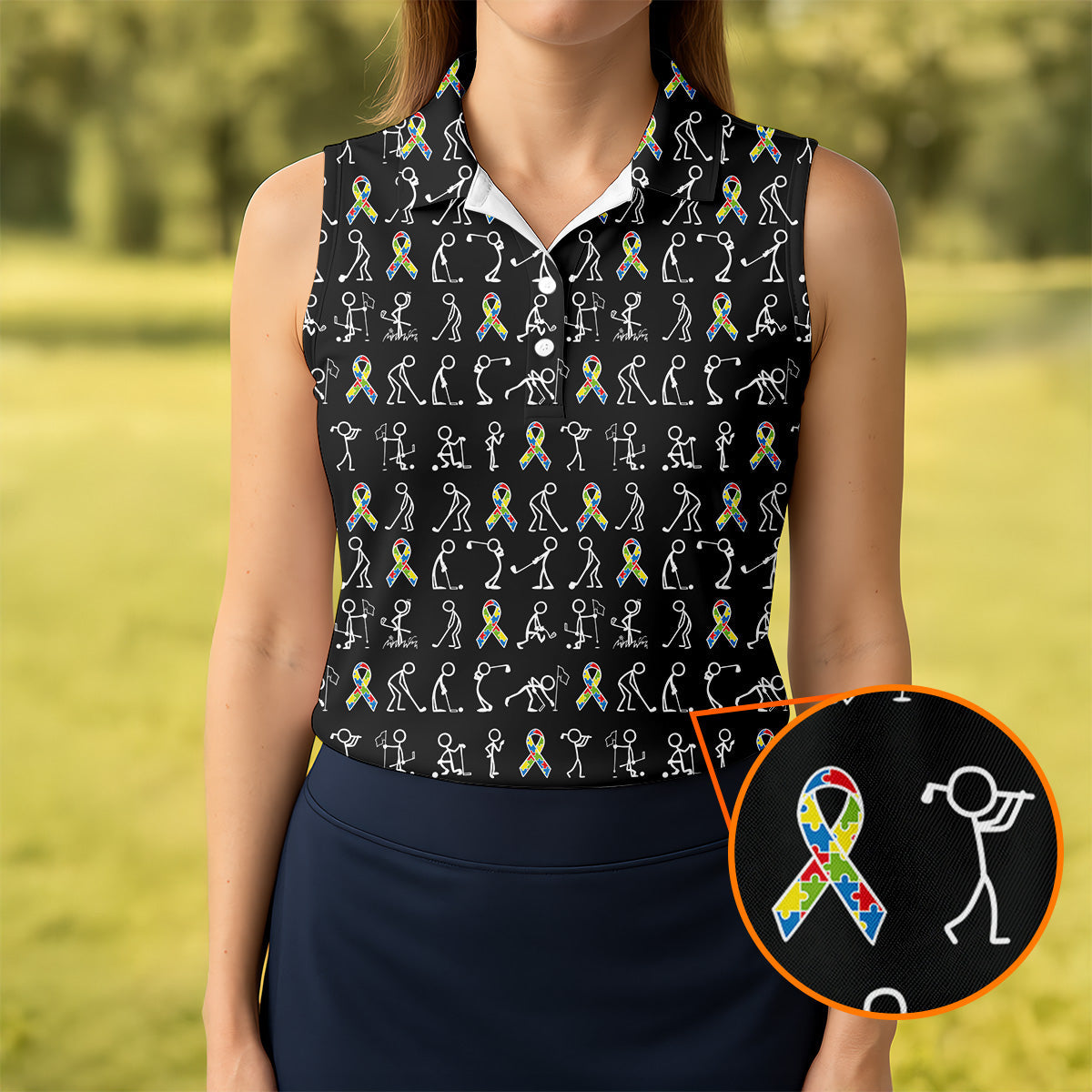 Stick Figure Golf Pose Autism Ribbon Black Golf Shirt, Autism Awareness Colors Ladies Golf Polos
