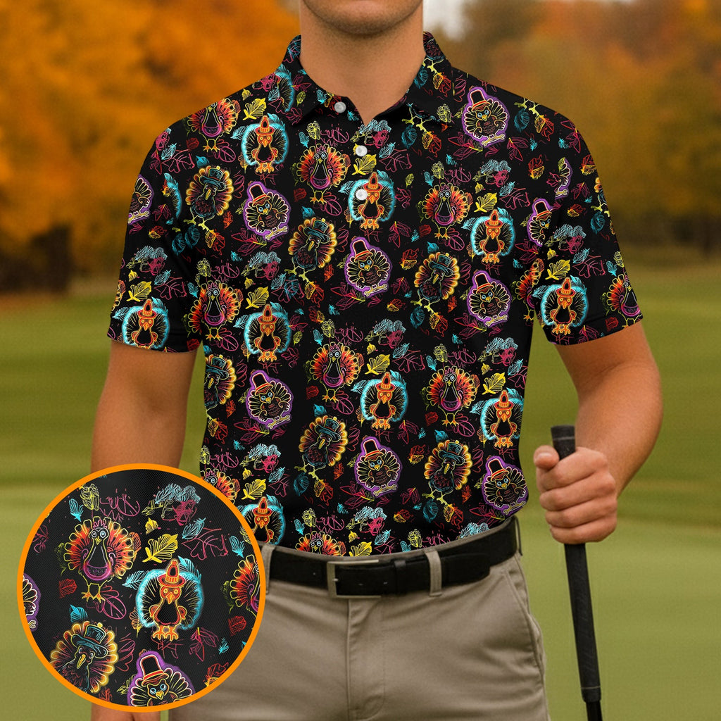 Neon Turkey Thanksgiving Golf Tops For Men, Polo Shirts For Men, Golf Gift For Men, Golfing Apparel