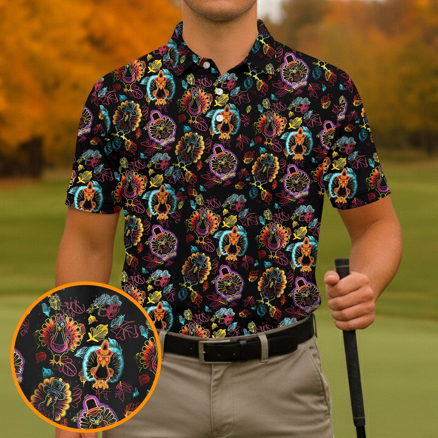 Neon Turkey Thanksgiving Golf Tops For Men, Polo Shirts For Men, Golf Gift For Men, Golfing Apparel