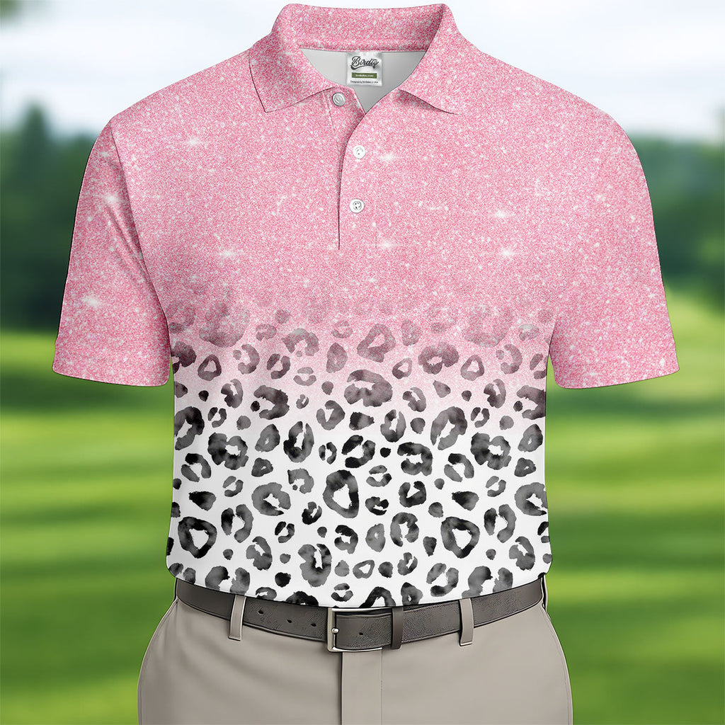 Pink Leopard Men's Golf Shirt, Pink Golf Shirt, Breast Cancer Awareness Shirt, Golf Shirts For Men