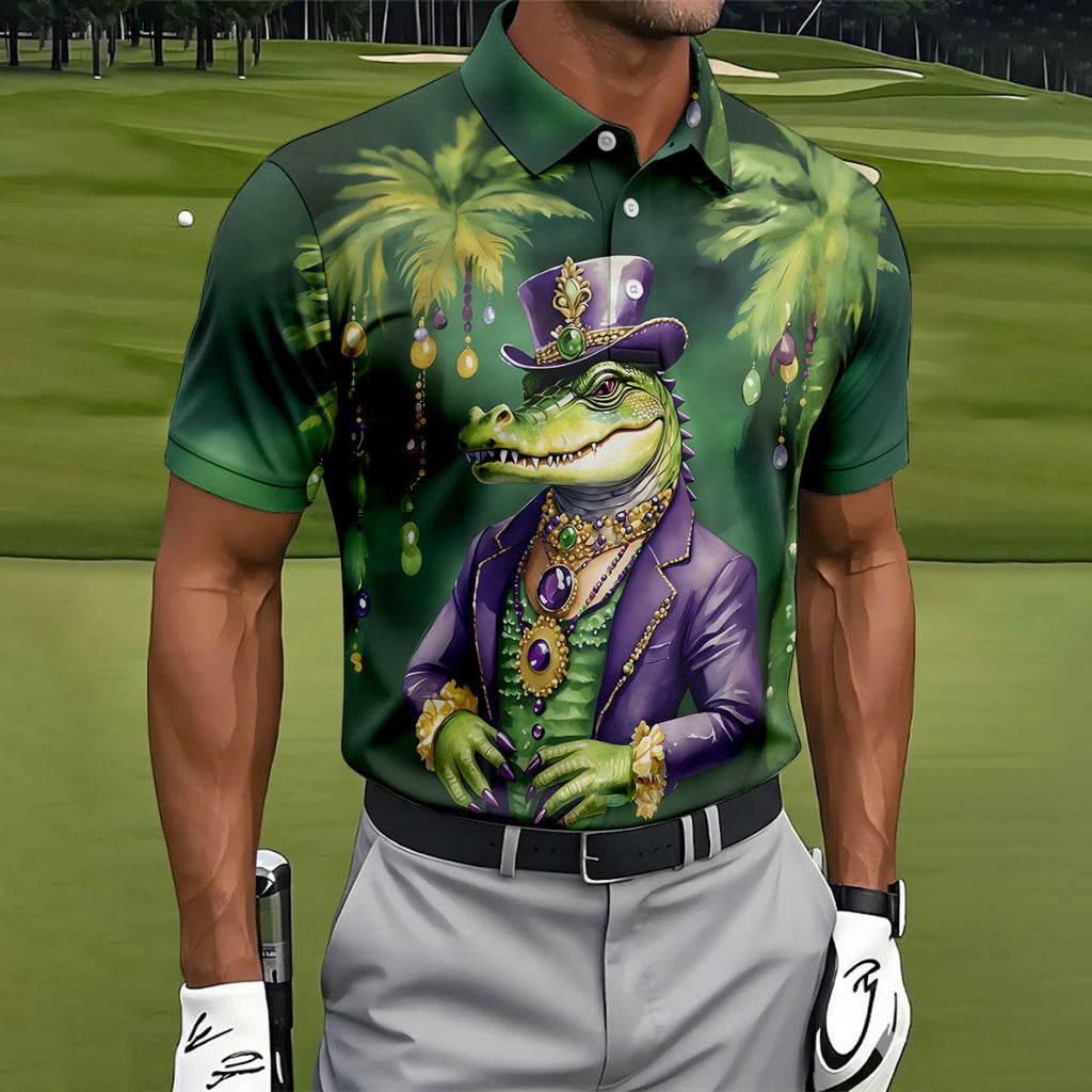 Mardi Gras Alligator Decorated Palm Tree Print Golf Shirt, Polo Shirts For Men, Golf Shirts For Men