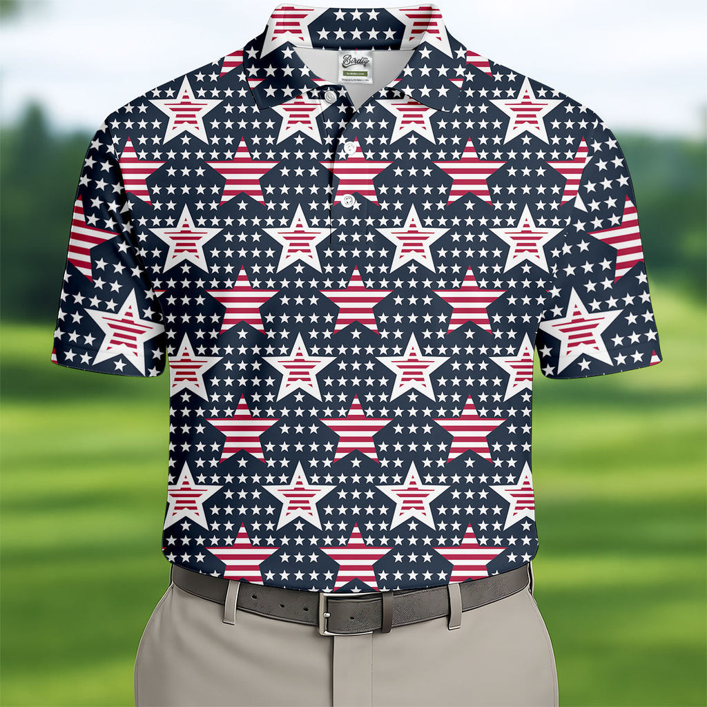 Red And White Stripe Stars Seamless Pattern 250th Anniversary Golf Shirts For Men, Patriotic Golf Shirt