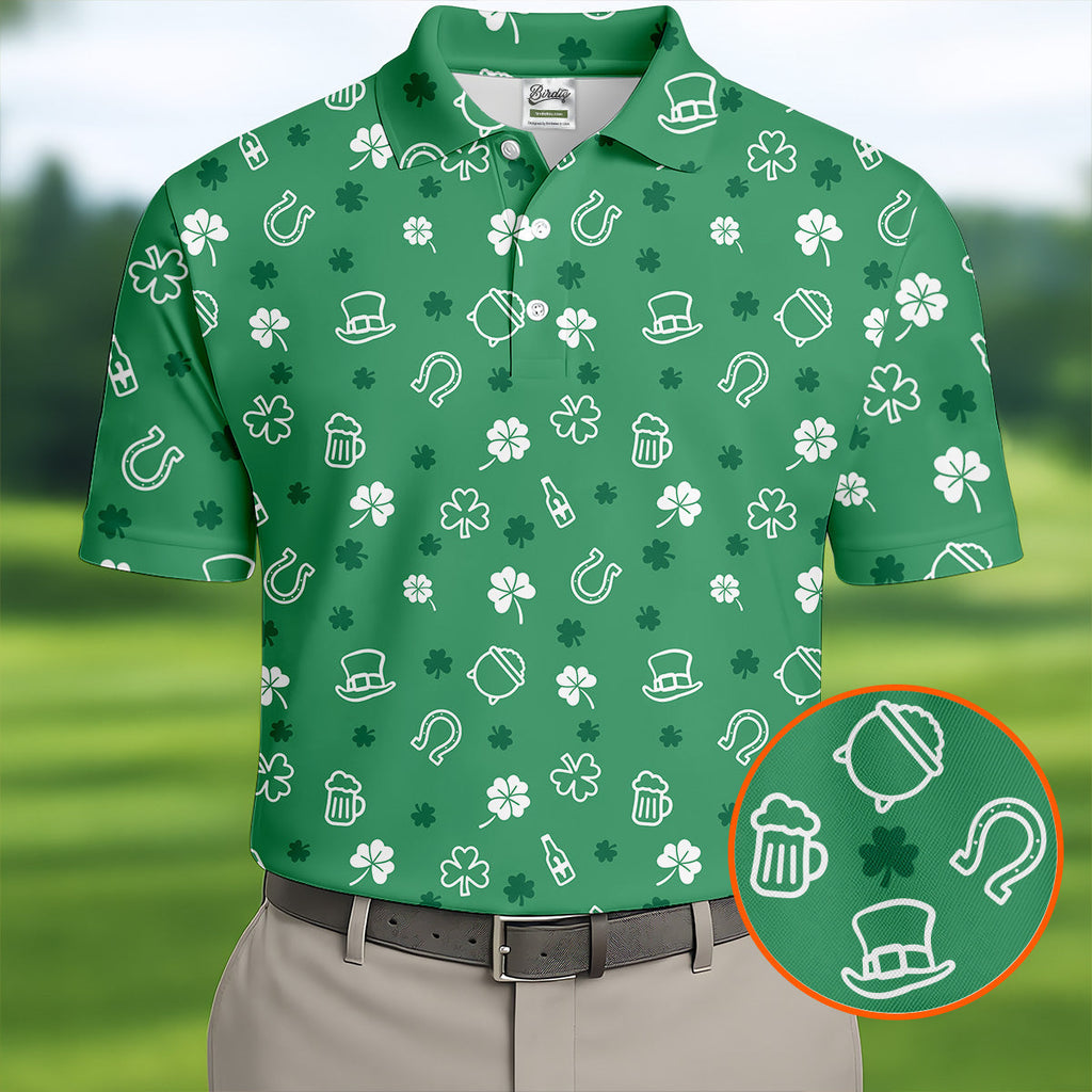 Leprechaun Hat Shamrock Beer Seamless Pattern St. Patrick’s Day Golf Shirt, Polo Shirts For Men, Golf Shirts For Men