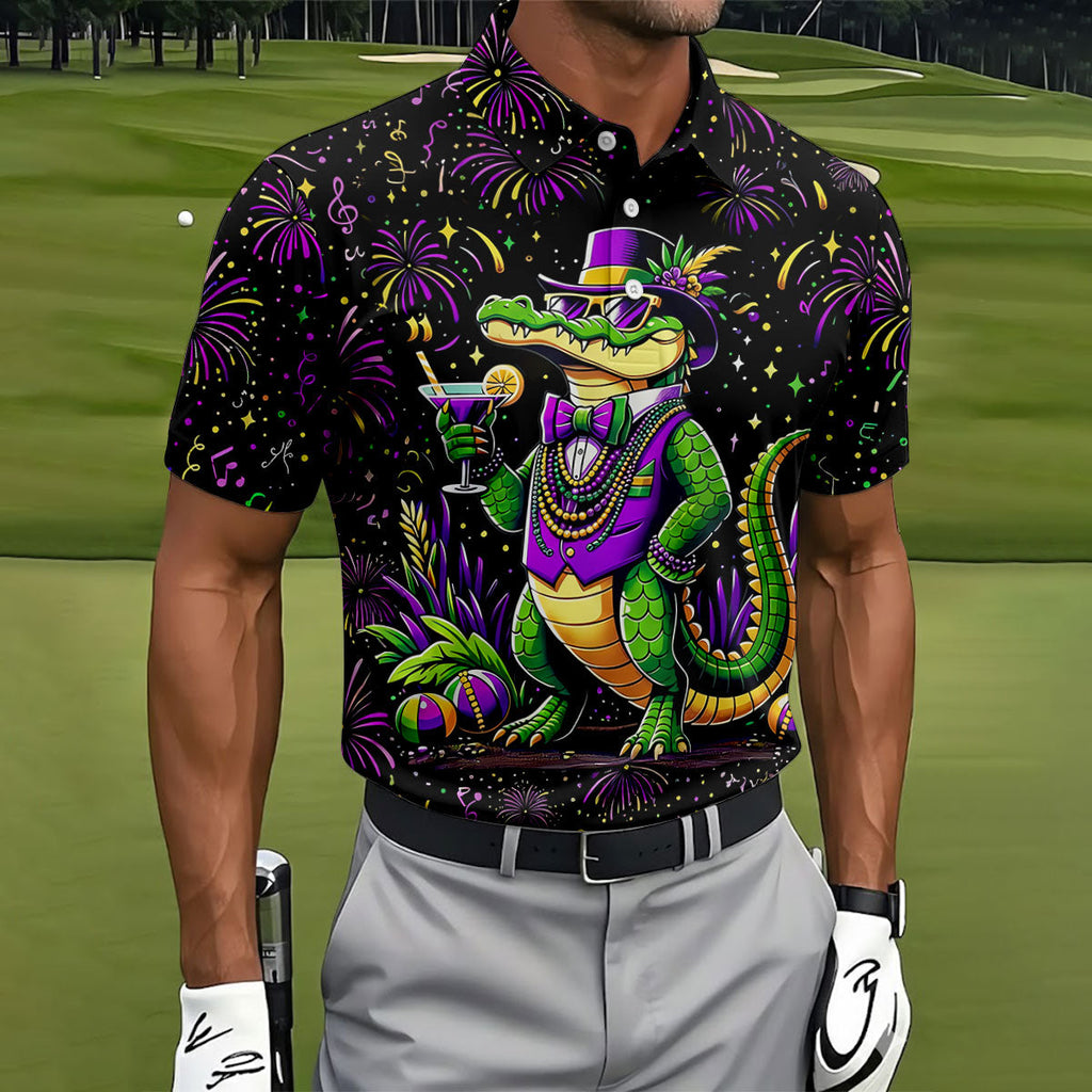 Mardi Gras Aligator Purple Green Gold Confetti Star Golf Tops For Men, Polo Shirts For Men, Golf Shirts For Men