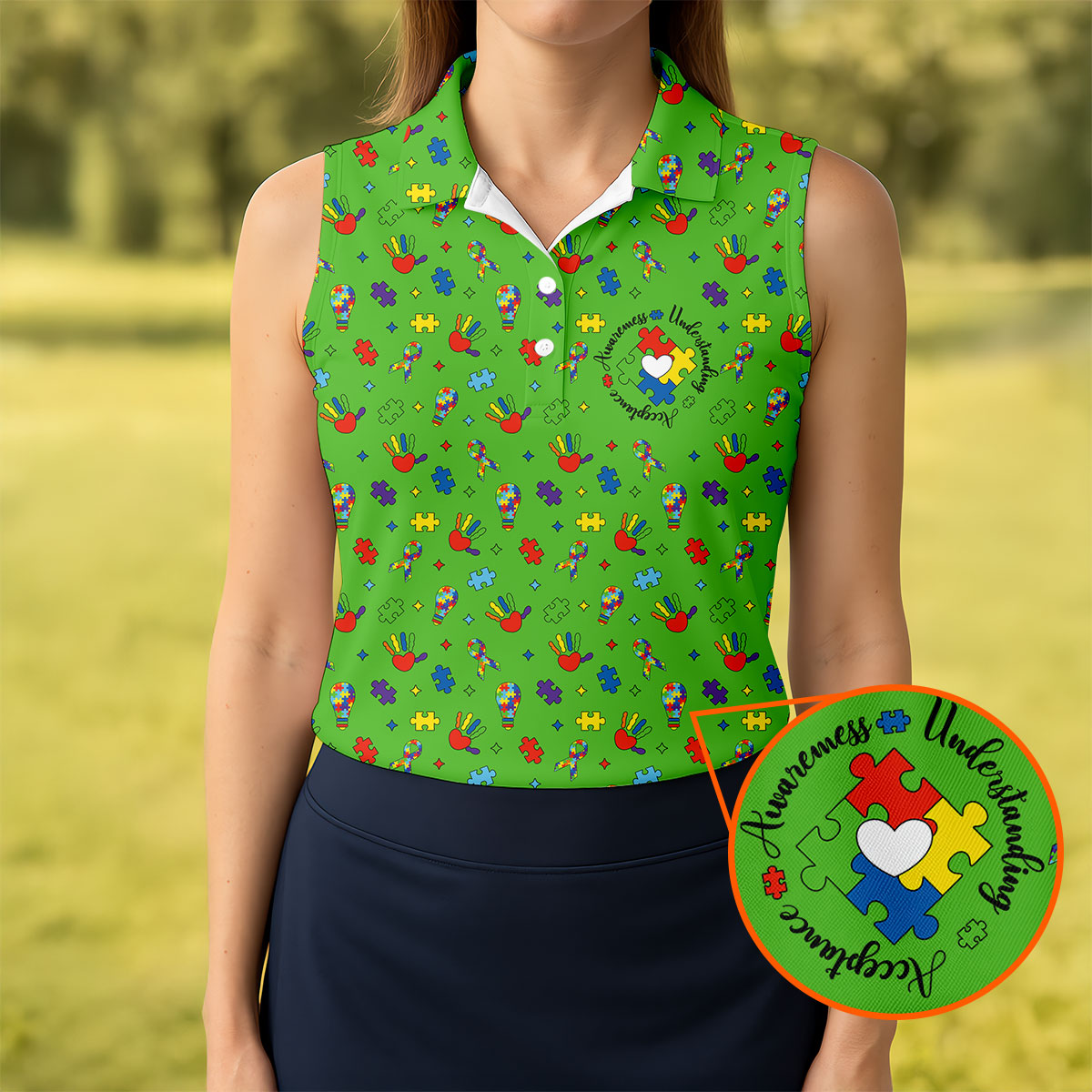Awareness Understanding Acceptance Autism Ribbon Green Golf Shirt, Autism Awareness Colors Women's Golf Tops
