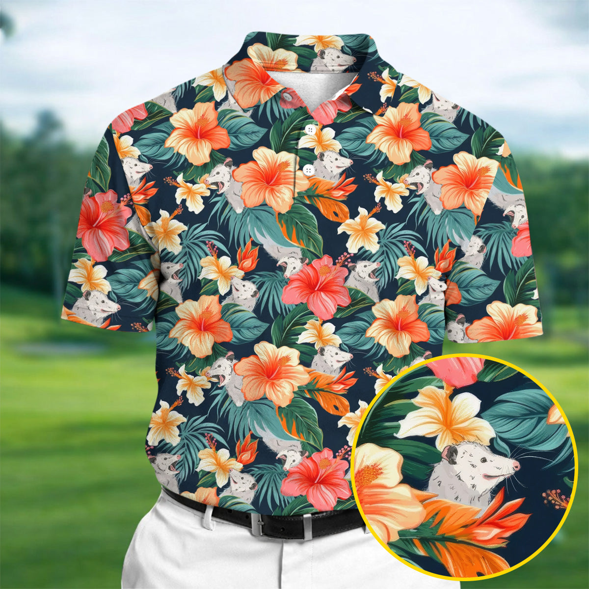 Large Hibiscus Flowers Tropical Vibe Golf Tops For Men, Hawaiian Golf Shirts, Polo Shirts For Men