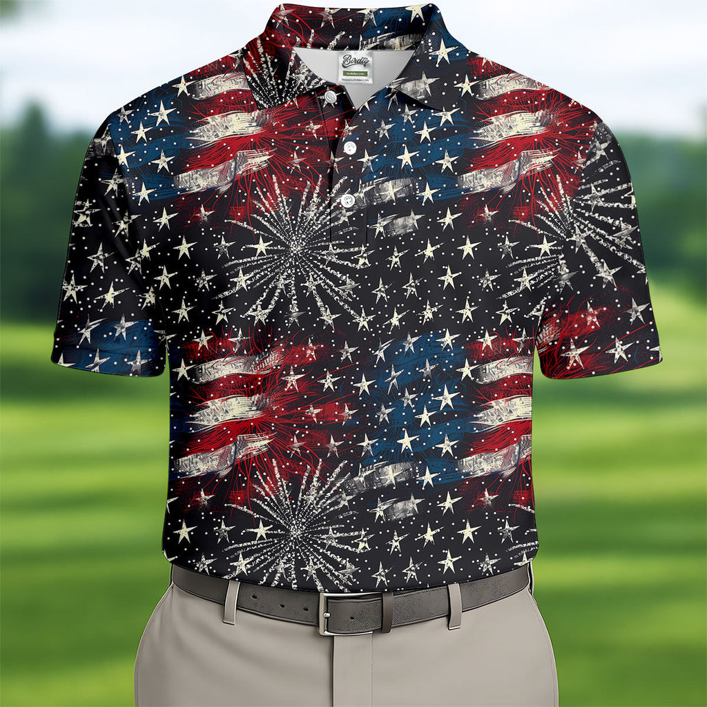 Patriotic American Flag Distressed Color 4th Of July Golf Shirts For Men, 250th Anniversary Polo Shirts For Men