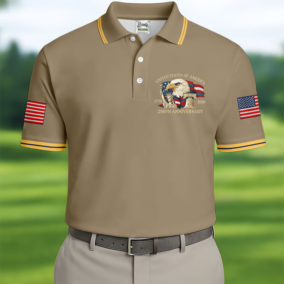 Bald Eagle American Flag 250 Years Sand Golf Shirt, Patriotic 4th Of July Golf Shirts For Men