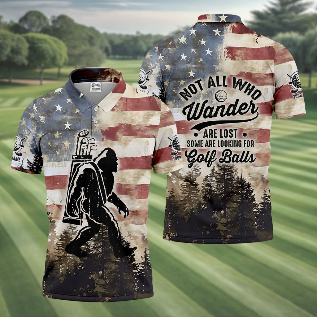 Patriotic Golf Polo Shirt Bigfoot Golf Shirt, Men's Long Seeve Golf Shirts, Golf Gifts For Men