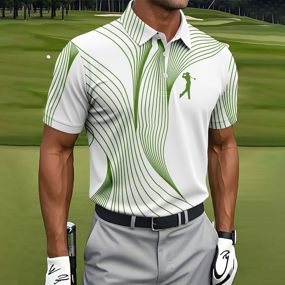 Geometric Line Wavy Line Green And White Golf Shirts For Men, Men's Golf Shirt, Polo Shirts For Men