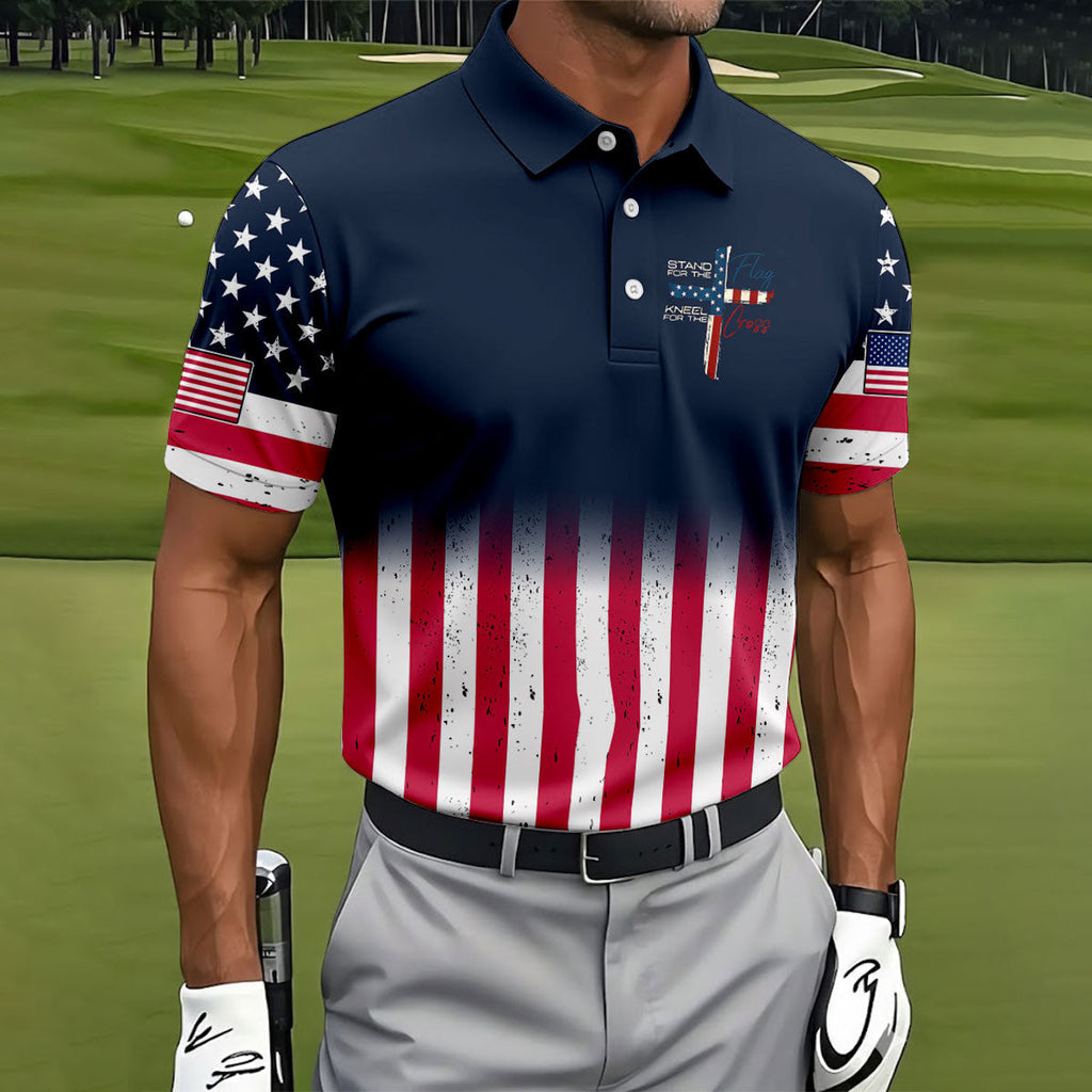 Stand For The Flag Kneel For The Cross Patriotic Golf Shirt, 250 Years 4th Of July Golf Shirts For Men