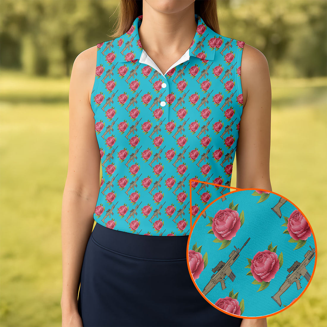 Gun And Rose Seamless Pattern Blue Golf Shirt, Women's Golf Tops, Ladies Golf Shirt