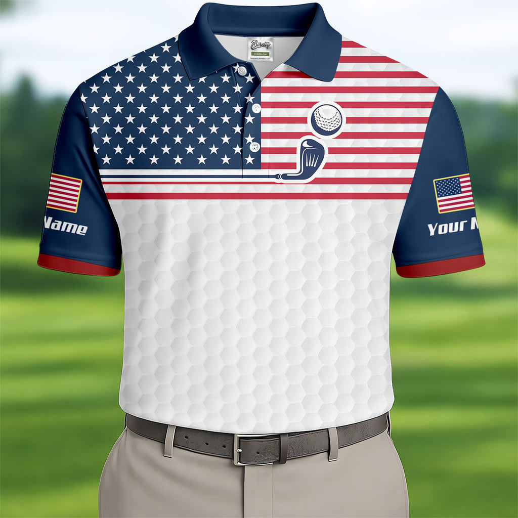 Patriot American Flag Golf Ball Pattern Golf Tops For Men, 250th Anniversary Patriotic Golf Shirt