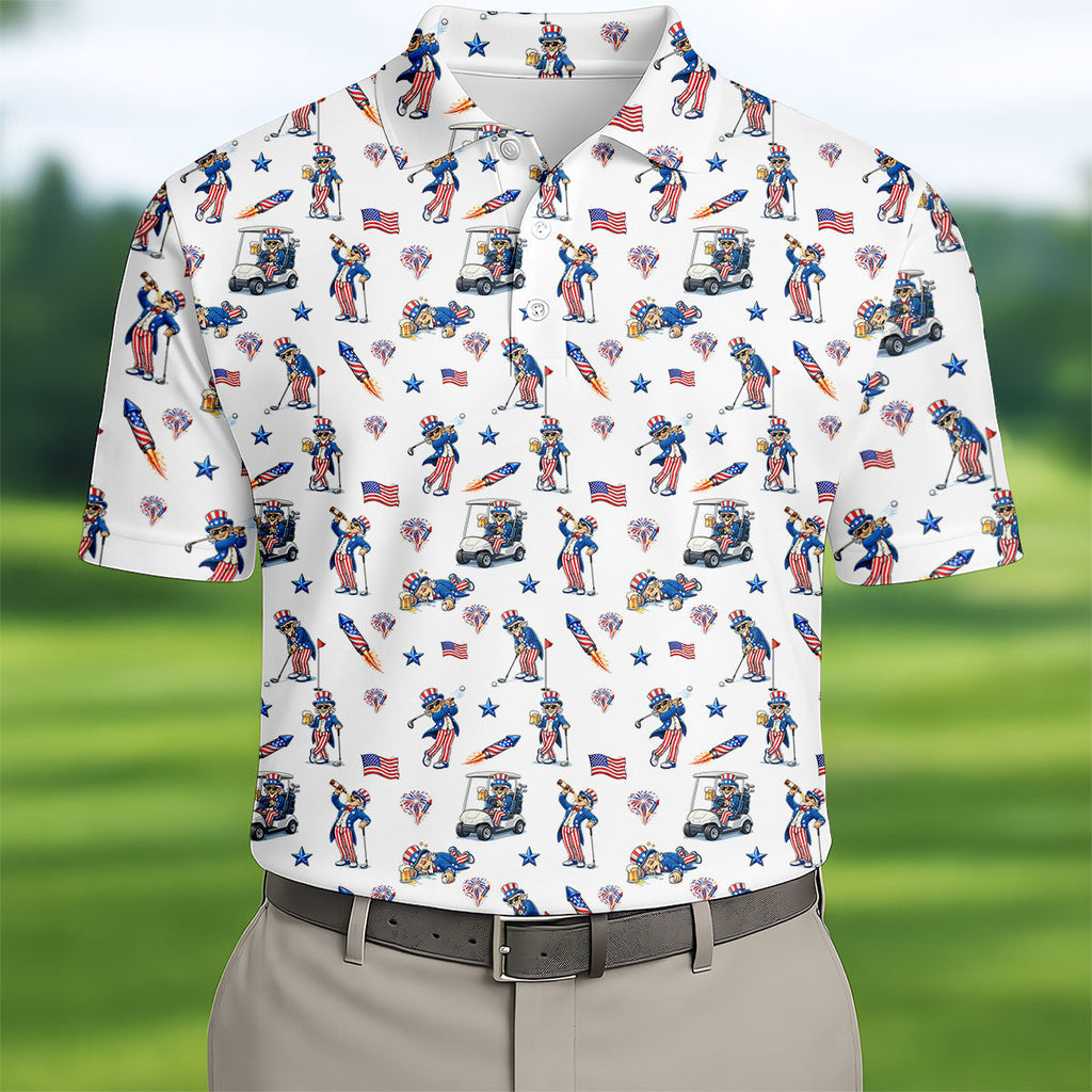 Patriotic Man Golf And Beer Funny 4th Of July White Golf Shirt, 250 Years Seamless Pattern Golf Shirts For Men