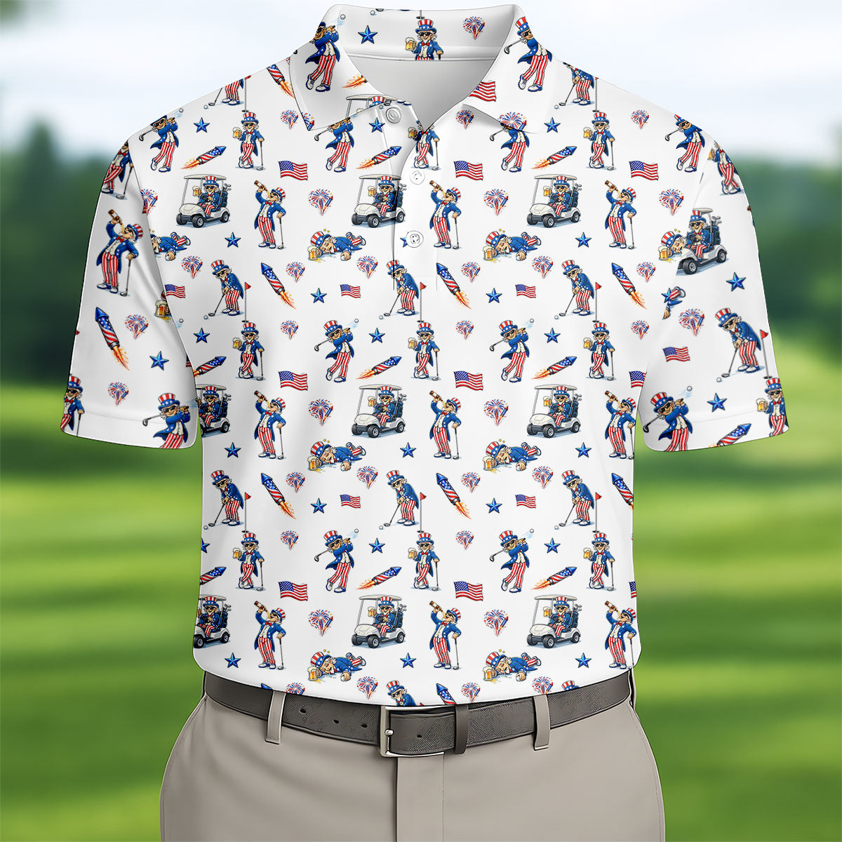 Patriotic Man Golf And Beer Funny 4th Of July White Golf Shirt, 250 Years Seamless Pattern Golf Shirts For Men