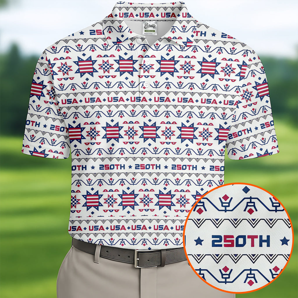Red White Blue Ohio Star Quilt Pattern 4th Of July Golf Shirts For Men, 250th Anniversary Patriotic Golf Shirt